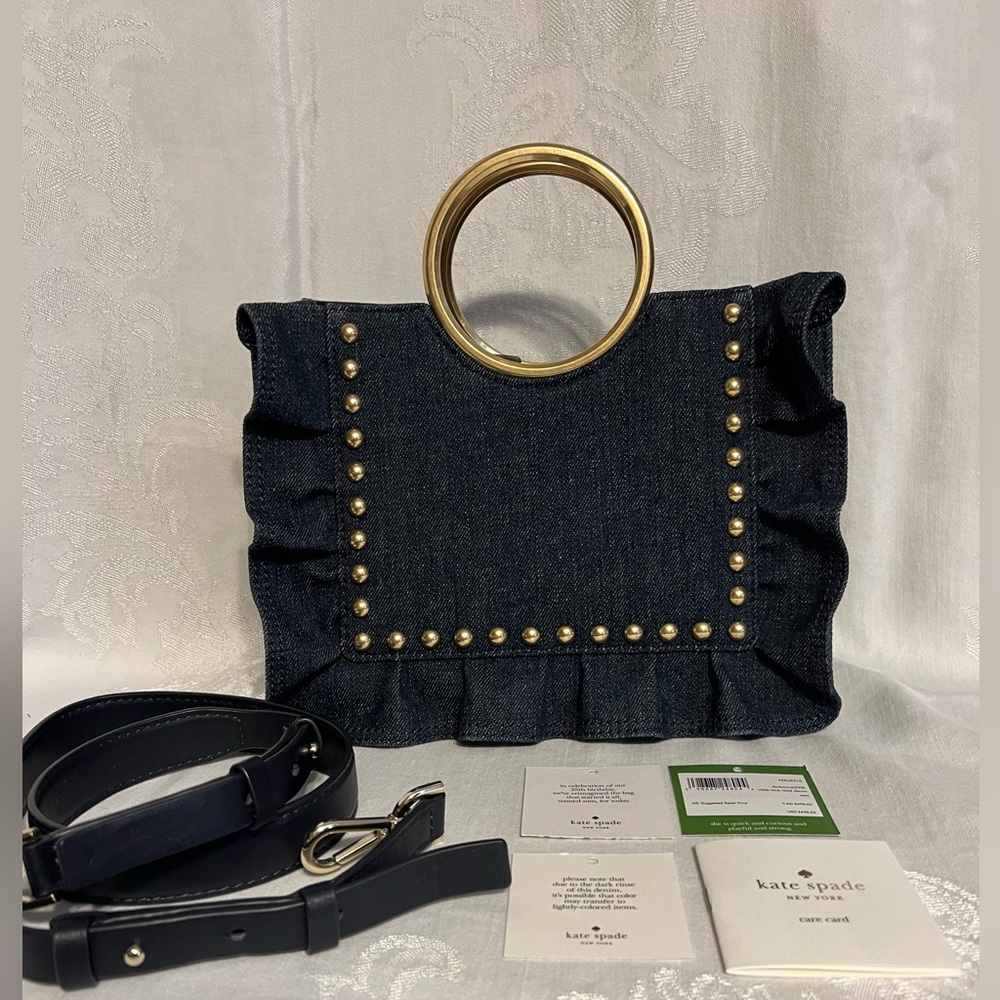 Kate Spade darkwave white rock road denim Sam handbag with gold studs & hardware